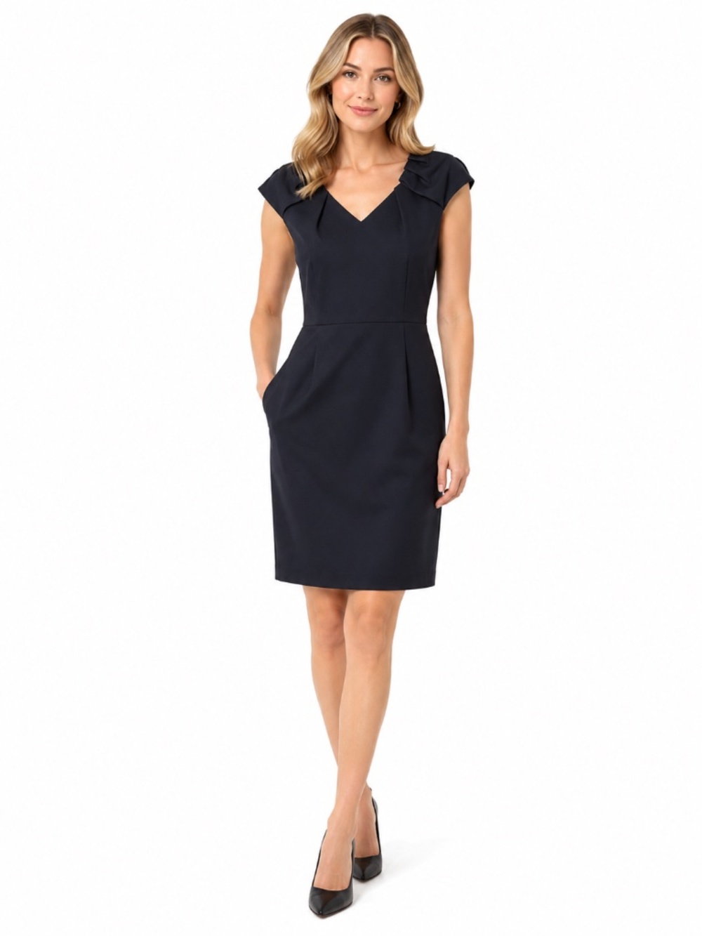 Alex Marie Navy Cap Sleeve V-Neck Sheath Career Dress 10